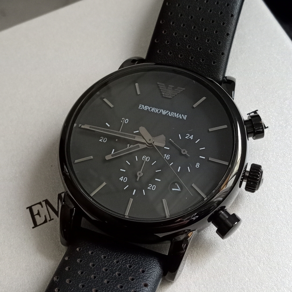 SOLD - Emporio Armani AR1737 Black Dial Black PVD Steel Unisex Chronograph Watch - Picture 1 of 14